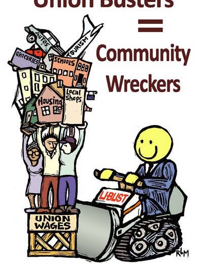 Union Busters = Community Wreckers (Poster) for wholesale by Ricardo Levins Morales Art Studio