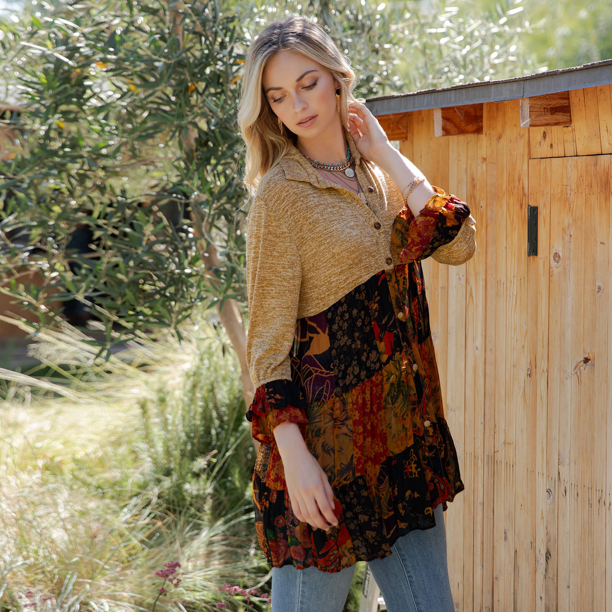 Young Threads - Wholesale Blouse - Women's - Western Denim Yoke Patchwork Tiered Tunic Top (New Color)32