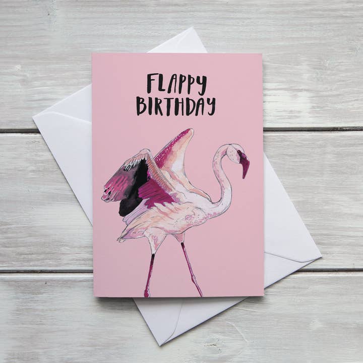 Flappy verjaardagskaart Flamingo woordspeling voor wholesale door Crabapple Moon