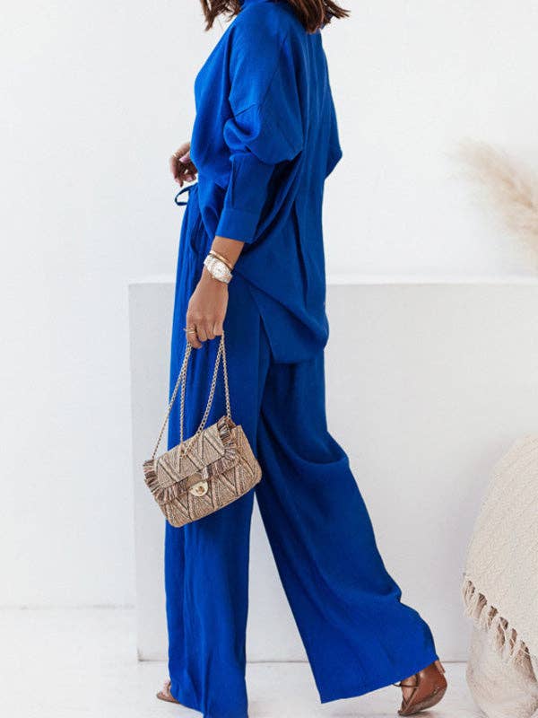 Sheer Trend – wholesale Top & pants set (NOT Loungewear) – Women's – Long Sleeves Buttoned Pockets Solid Color Lapel Shirts Top + Elasticity High Waisted Pants Bottom Two Pieces Set0