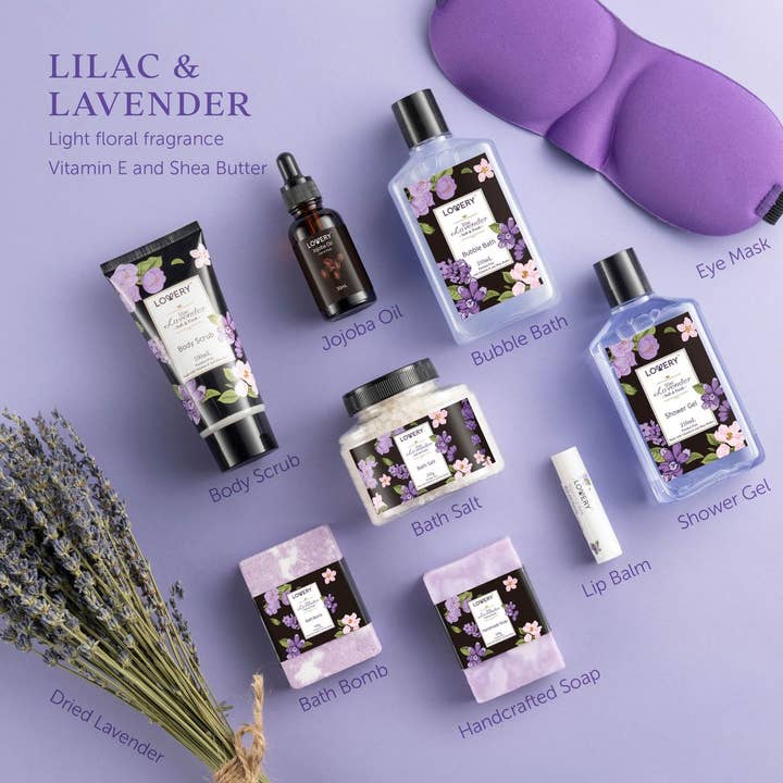 Lovery - Wholesale Bath & Body Set - Lavender & Lilac Spa Gift Basket - Aromatherapy Stress Kit