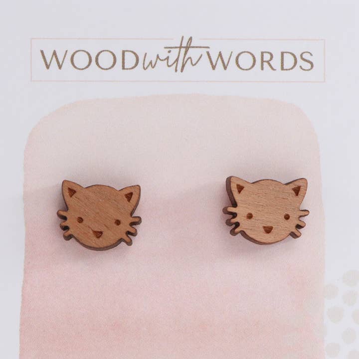 Wood With Words - Wholesale Stud/Post Earrings - Cat Pet Wooden Stud Earrings