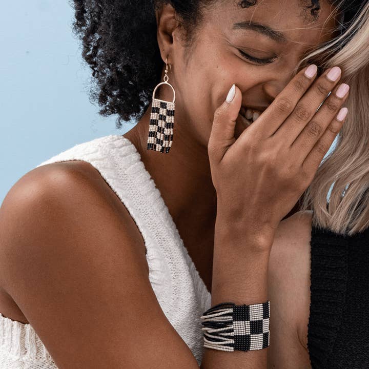 INK + ALLOY - Wholesale Tassel Earrings - Allison Checked Beaded Fringe Earrings Black and White Wholesale3
