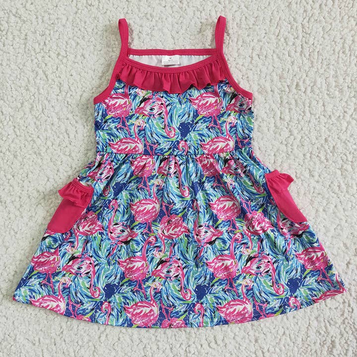 Robe d'été à poche flamant rose pour bébé fille pour la vente par Aier Wholesale
