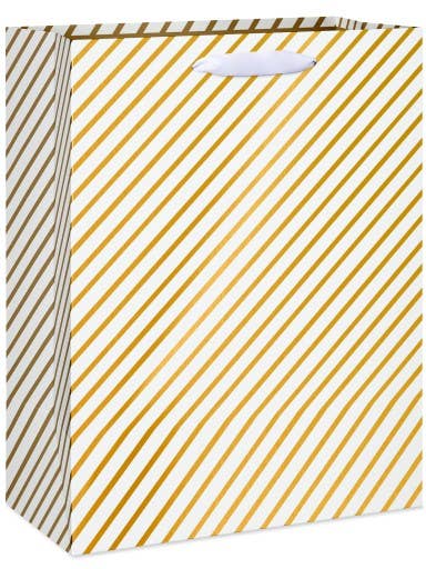 Large Wedding Gift bag, Gold and White Diagonal Stripes for wholesale by DICKENS INC.