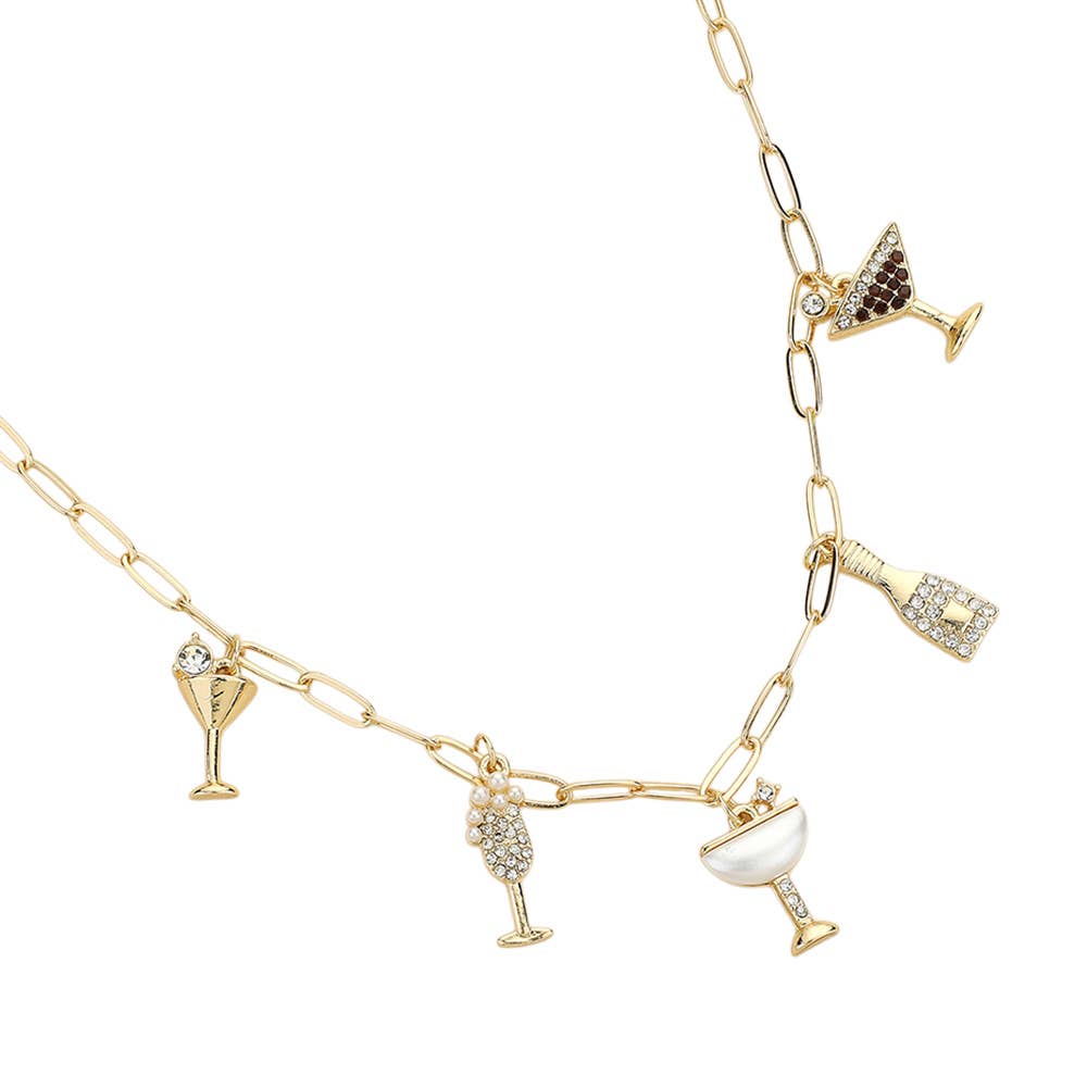 Sensibling Corp. - Wholesale Pendant/Charm Necklace - Stone Paved Cocktail Glass Bottle Charm Station Paperclip Chain Necklace1