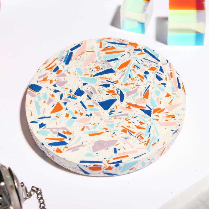 Pink, Lilac, Orange and Cobalt Terrazzo Coaster for wholesale by Hey Kiddo Co.