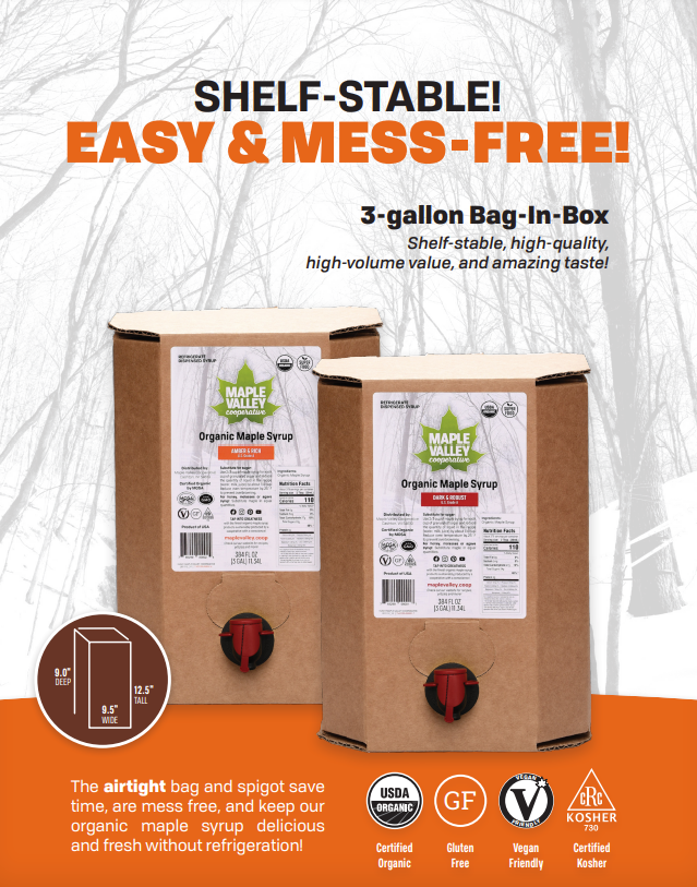 Maple Valley Cooperative - Wholesale Maple Syrup - Maple Syrup Organic Amber & Rich 3 Gallon Bag in Box1