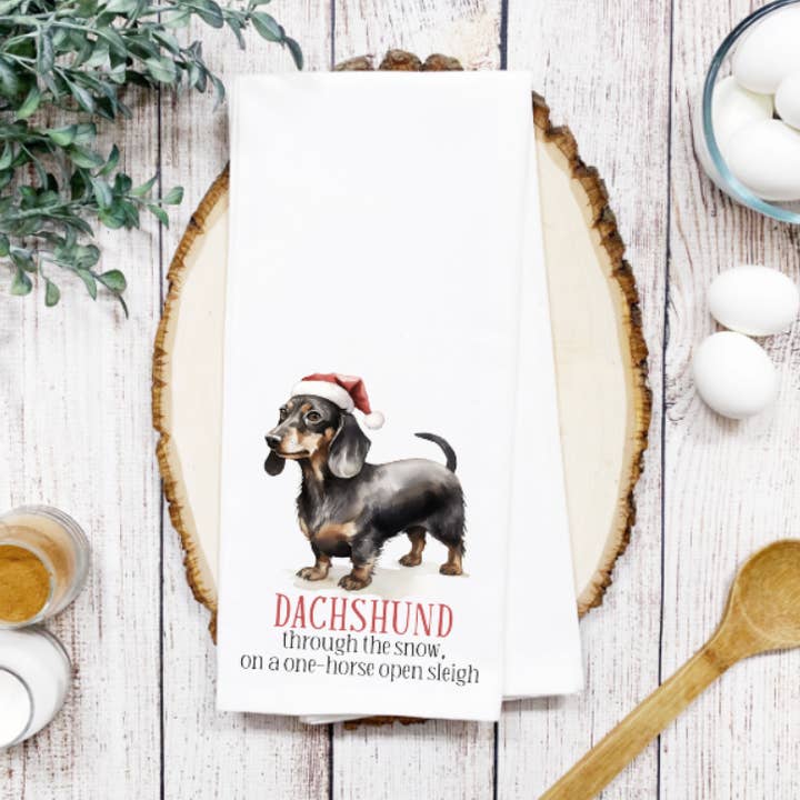 Torchon à vaisselle en tissu gaufré pour chien de Noël Teckel pour la vente par Prairie Chicken Sticker Shop & Gifts
