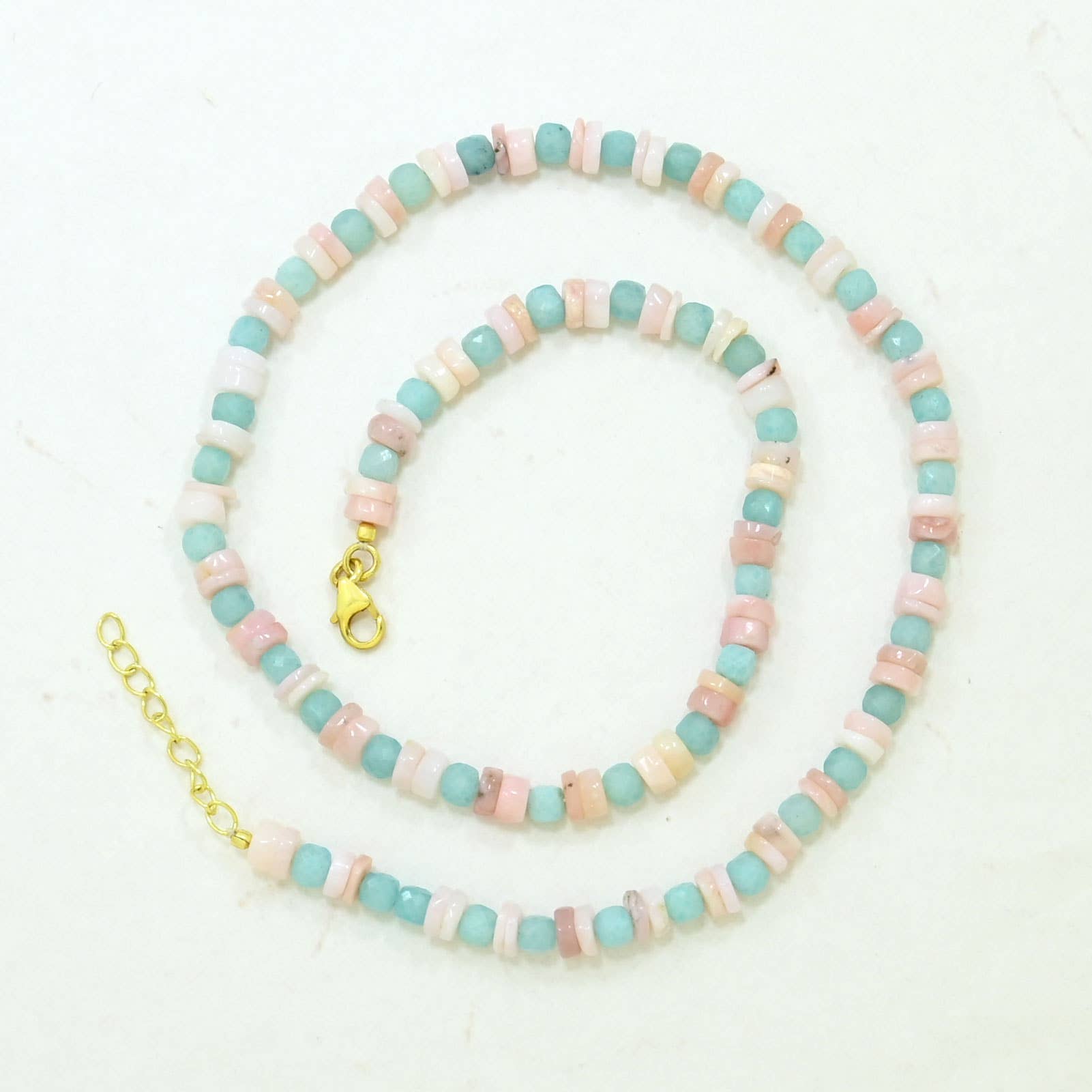 Schmuckoo Berlin - Vente Collier de perles - Collier long en argent 925 avec or, opale rose naturelle et amazonite
