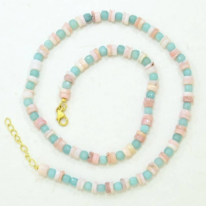 Schmuckoo Berlin - Wholesale Beaded/Pearl Necklace - Long Necklace Silver 925 Gold - Pink Opal & Amazonite