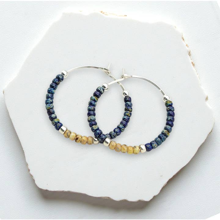 Blue Beaded Boho Silver Hoop Earrings for wholesale by Bijou by SAM