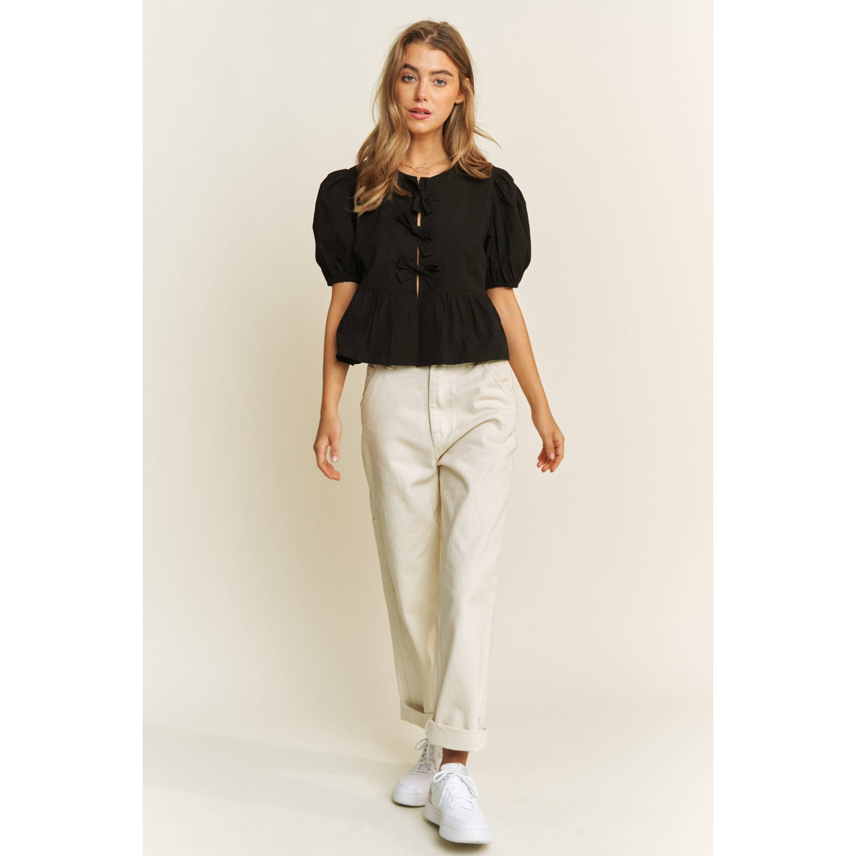 Sweet Generis – Großhandel Bluse – Damen – Babydoll-Bluse aus Baumwollgewebe mit offenem Vorderteil und Schleifendetails8