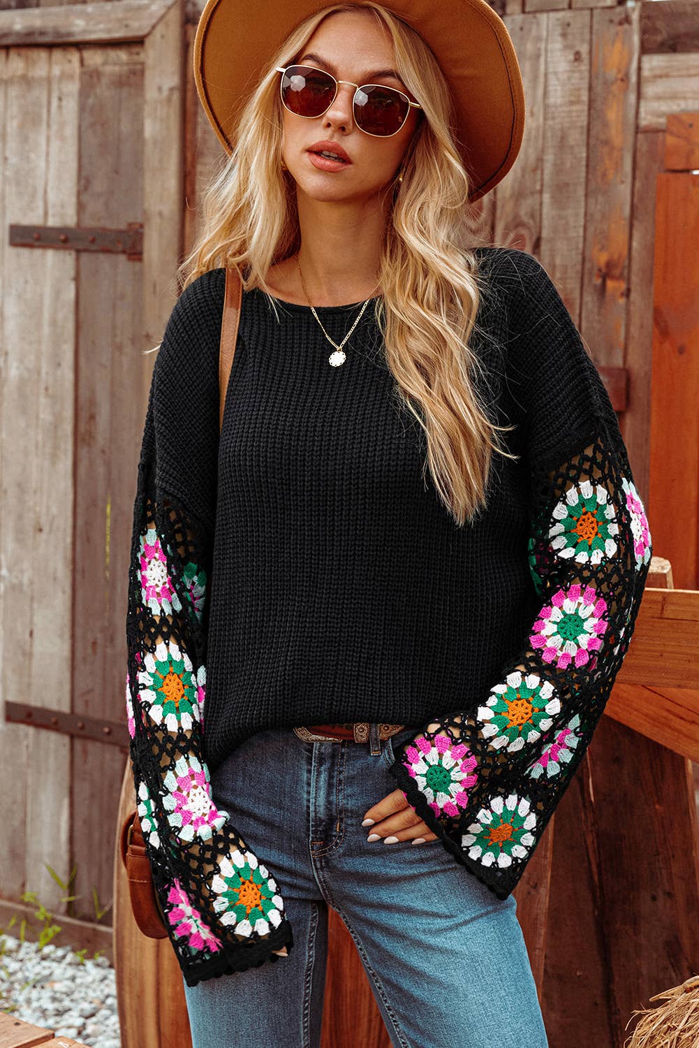 Wholesale Fall Clothing Floral Crochet Bell Sleeve Loose Sweater for