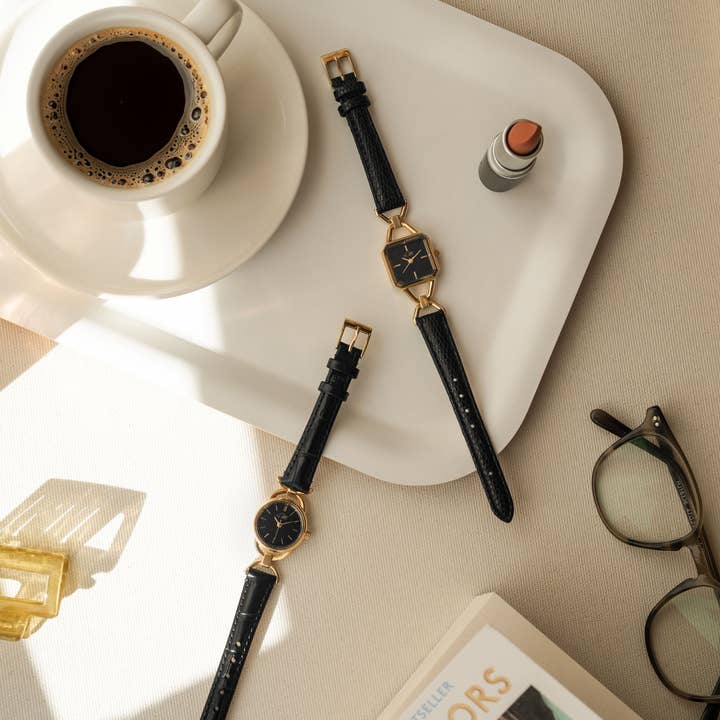 by M degrees - Wholesale Wrist Watch - Women's - 80s Vintage-Inspired Black Gold Round Watch – Black Leather2