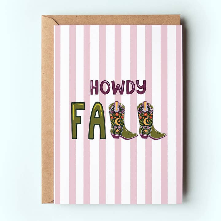 Howdy Fall Cowboy Boots Western Autumn Fall Greeting Card for wholesale by The Shelley Society
