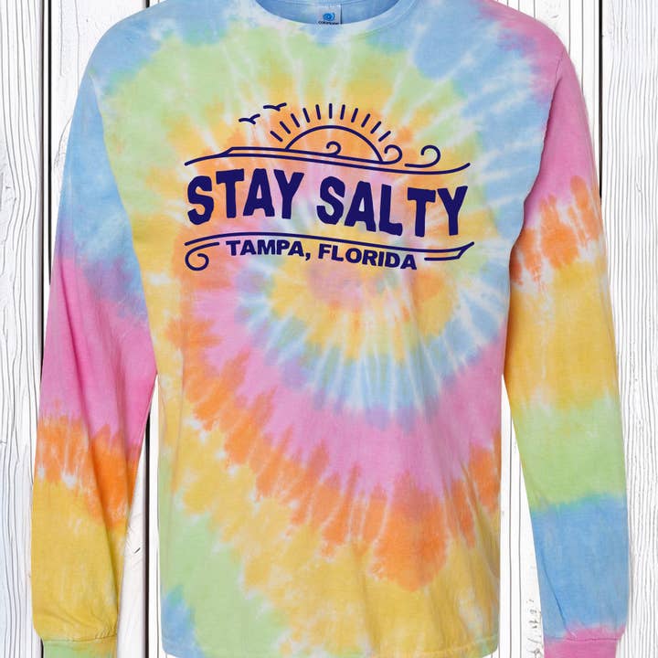 Custom Stay Salty Beach Tie Dye Long Sleeve Tee for wholesale by Quotable Life