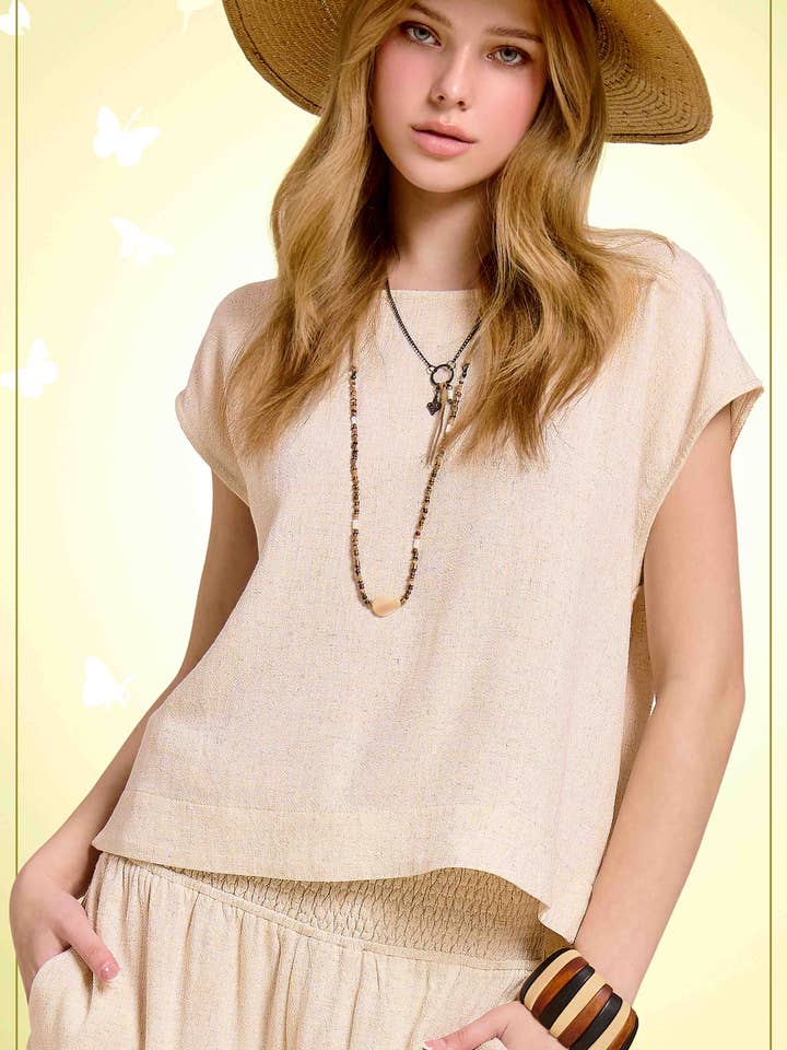 HDT7704-Oberteil aus weichem, leichtem Leinen mit Flügelärmeln und Seitenschlitz für den Großhandel von La Miel