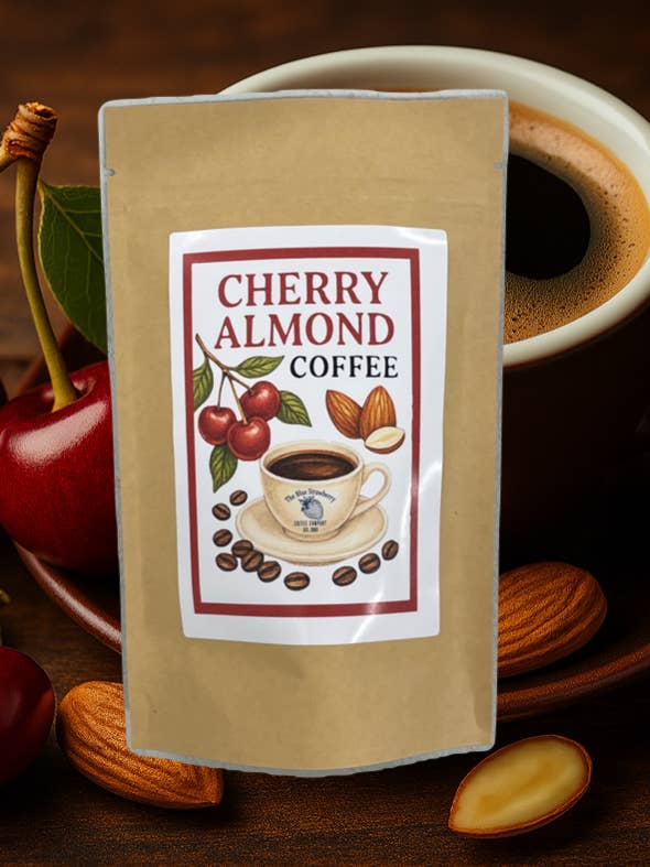 Café aromatisé aux cerises et aux amandes pour la vente par The Blue Strawberry Coffee Co