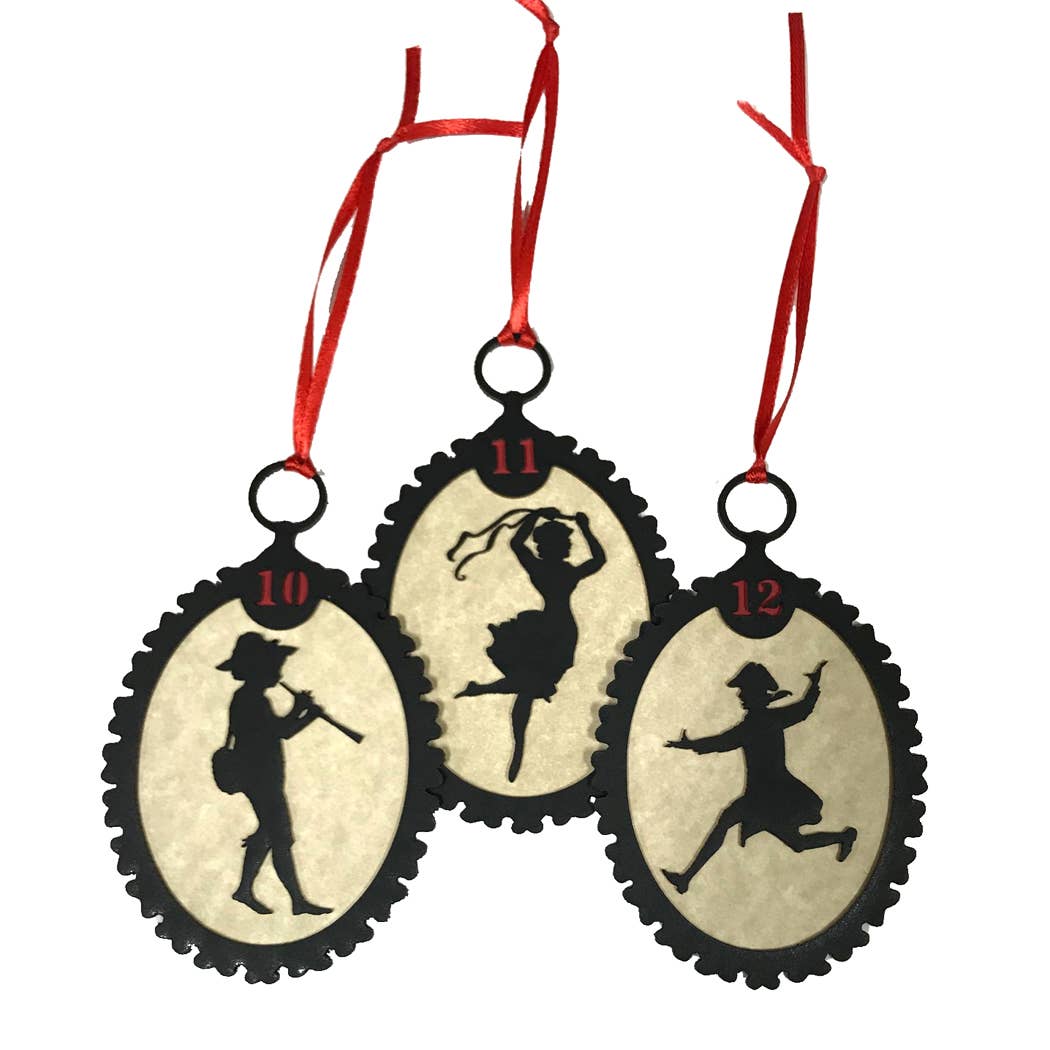 Madison Bay Co. - Historical Home Decor Reproductions - Wholesale Ornament Set - 12 Days of Christmas Silhouette Ornaments, Red Ribbon4