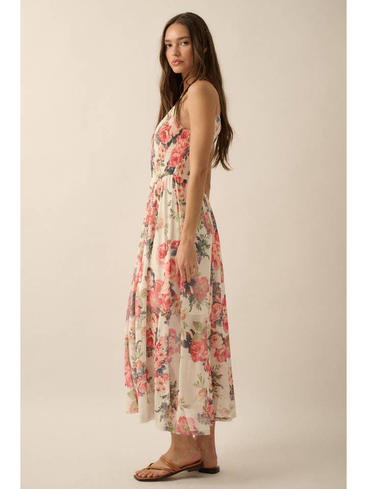 Creme Vestido Maxi Cami com Corpo de Malha Floral e Fumê para venda a revendedores na Faire7