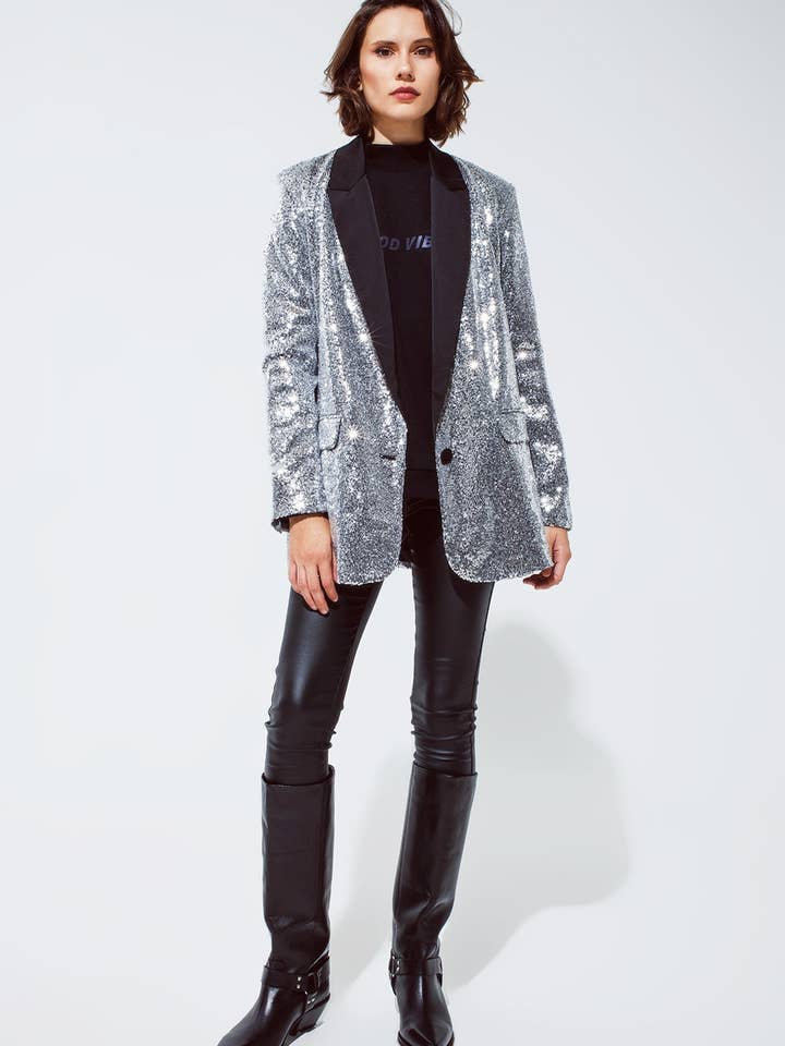 Silver Silver Sequin smokingkavaj med satinsvarta kavajer för wholesale på Faire