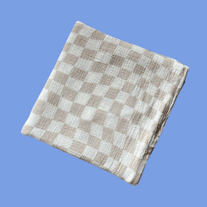 Wavy Baby Checked Organic Cotton Baby Swaddle - Stone for wholesale by Golden Child