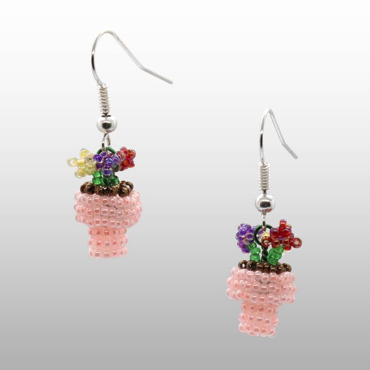 Pretty Shiny Beads - Wholesale Dangle Earrings - 3D Beaded Flower Pot Earrings
