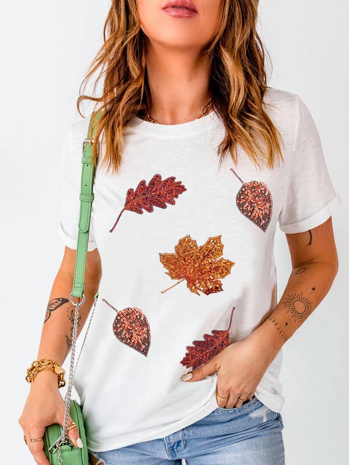 Hvid Halloween T-shirt med pailletblade og rund hals for engroshandel hos Lovesoft