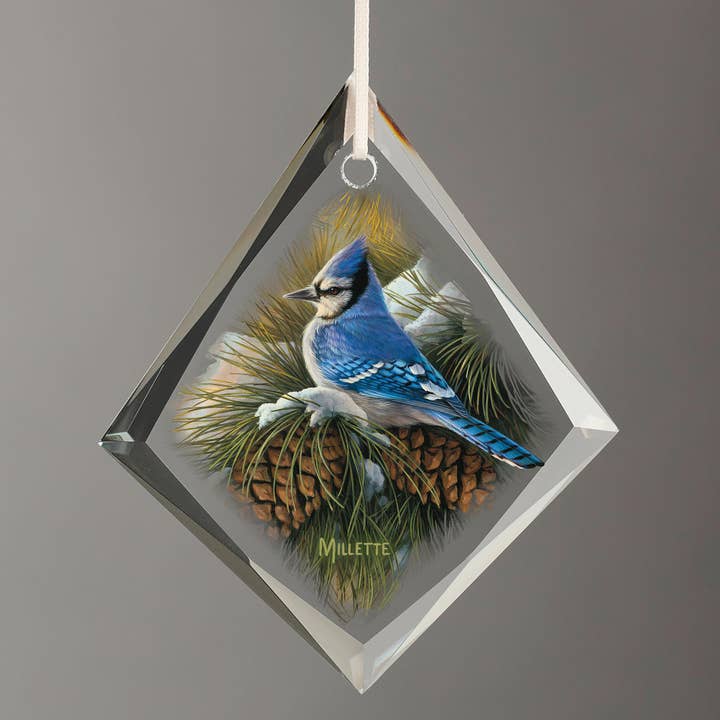 Teardrop Glass Ornament December Dawn Blue Jay Bird for wholesale by Art Brand Studios