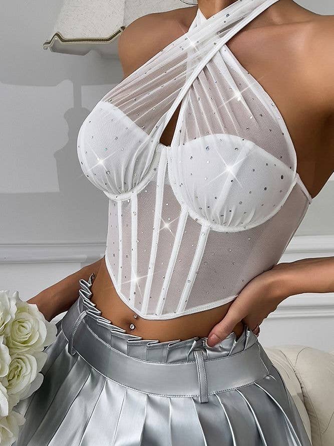 White Halter Neck Rhinestone Mesh Fishbone Corset Top GZCY01 for wholesale on Faire