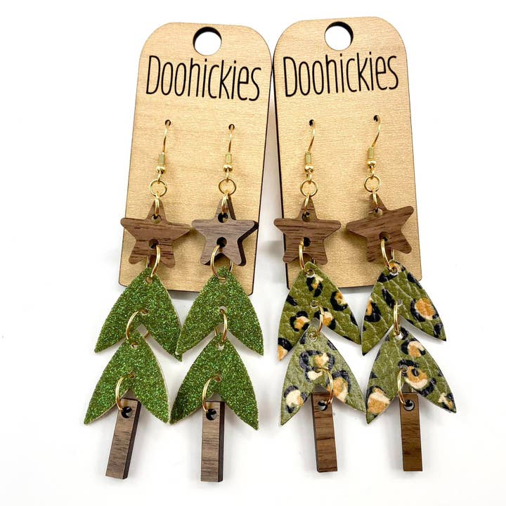 Doohickies - Wholesale Dangle Earrings - 3.25" Layered Cork and Wood Tree Collection - Christmas Earrings
