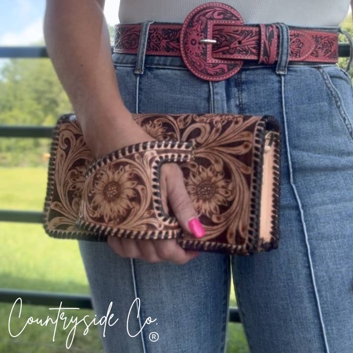Countryside Charm Tooled Leather Clutch Purse Christmas 2025 for wholesale by Texas Western Cowhide Bags and More