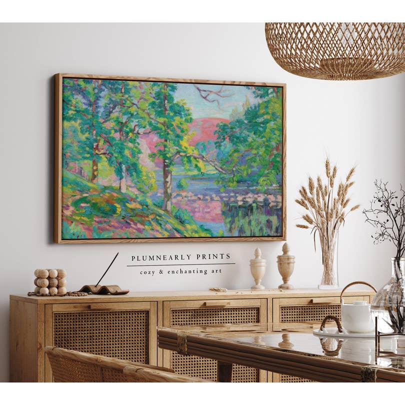 Plumnearly Prints - Wholesale Canvas Art - Bright Pink Green Landscape Painting Framed Canvas Art 34