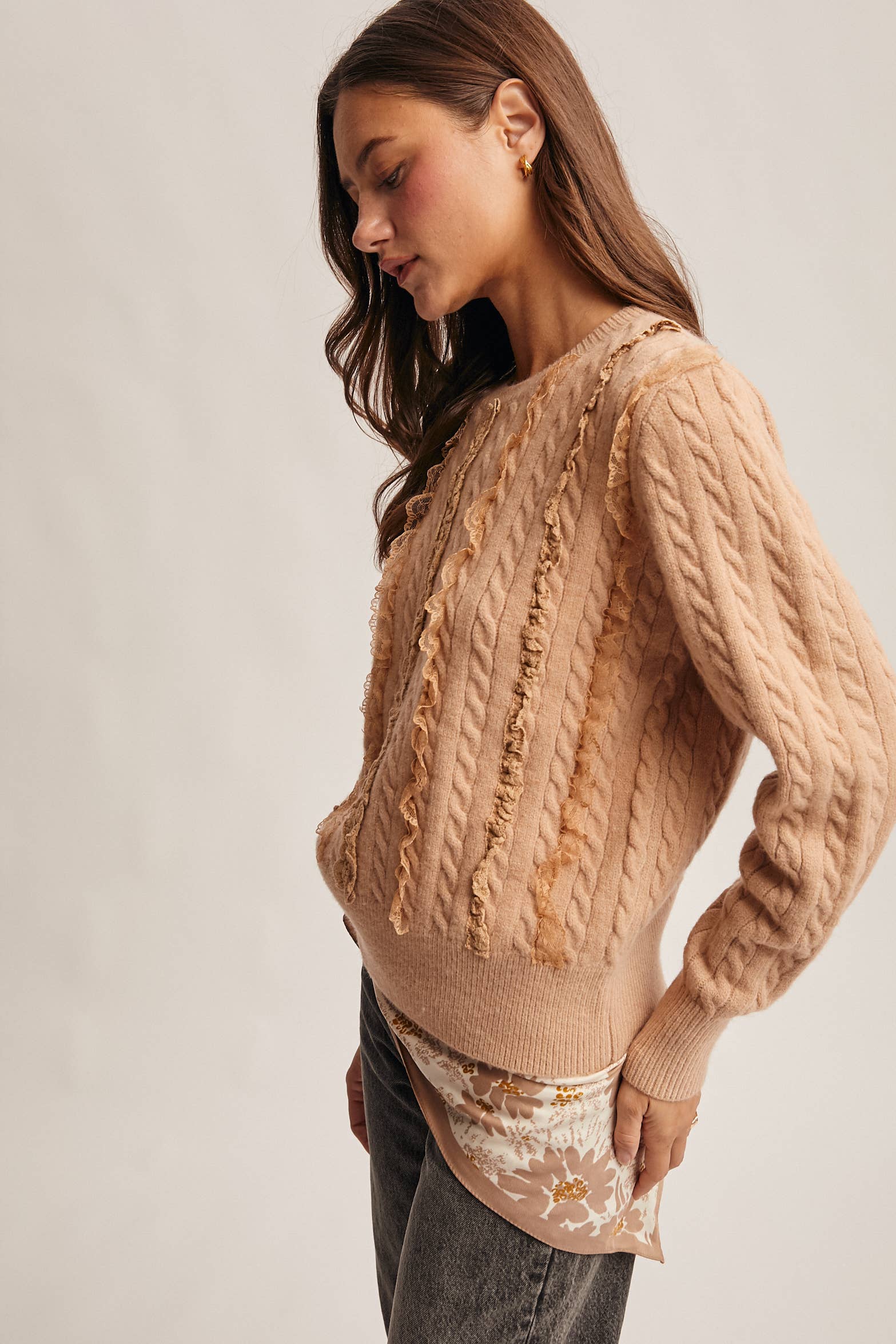 Forte - Wholesale Knit Sweater - Women's - Lace Trim Cable Knit Pullover FSW001013