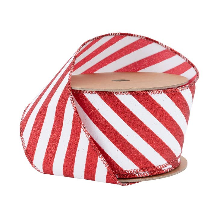 Red Glittered Diagonal Stripes Wired Ribbon 10yd for wholesale by LA Ribbons Wholesale