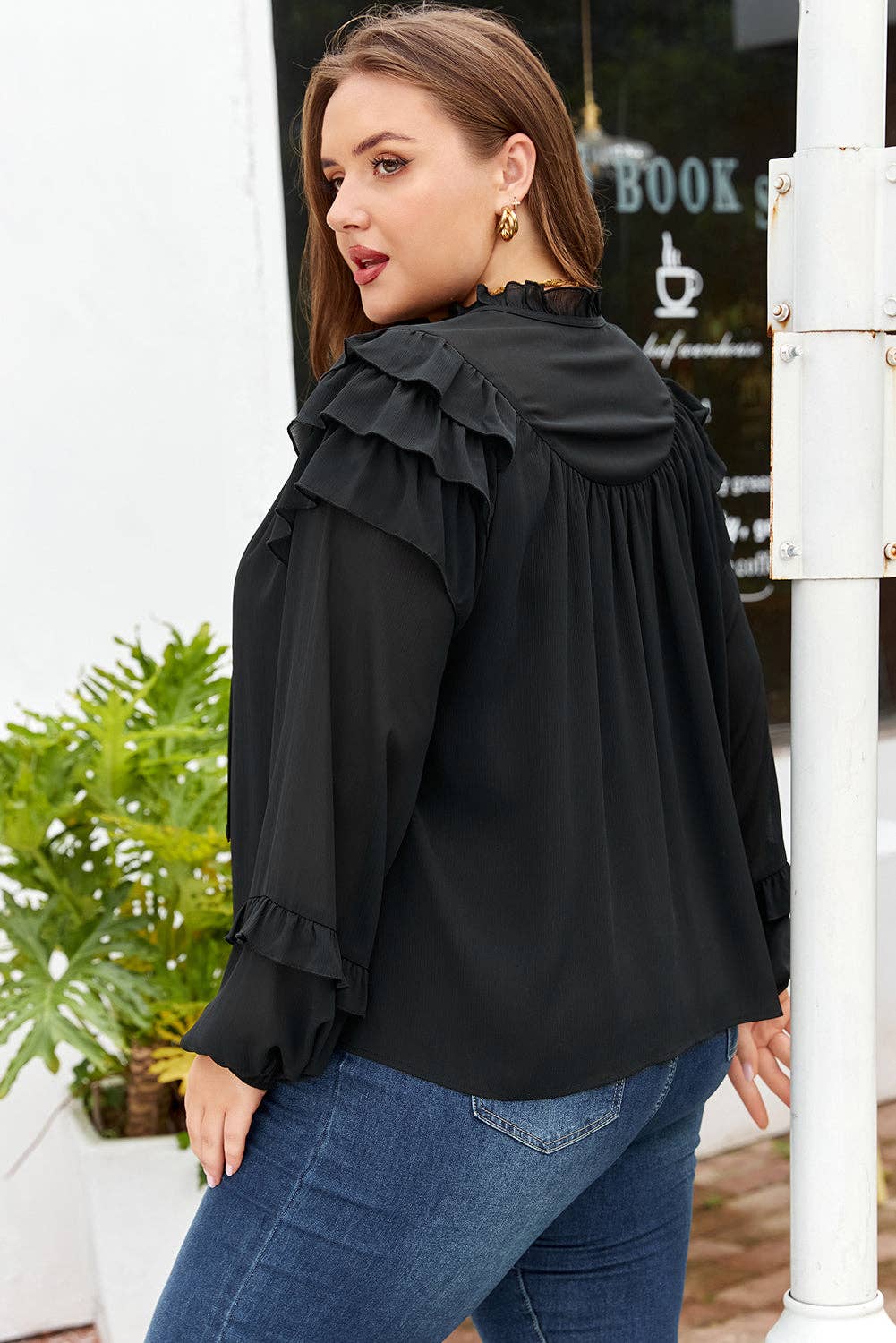 Black Ruffle Balloon Sleeve Chiffon Elegant Plus Size Shirt for wholesale on Faire1