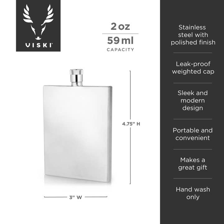 Viski - Wholesale Flask - Harrison Polished Stainless Steel Slim Flask