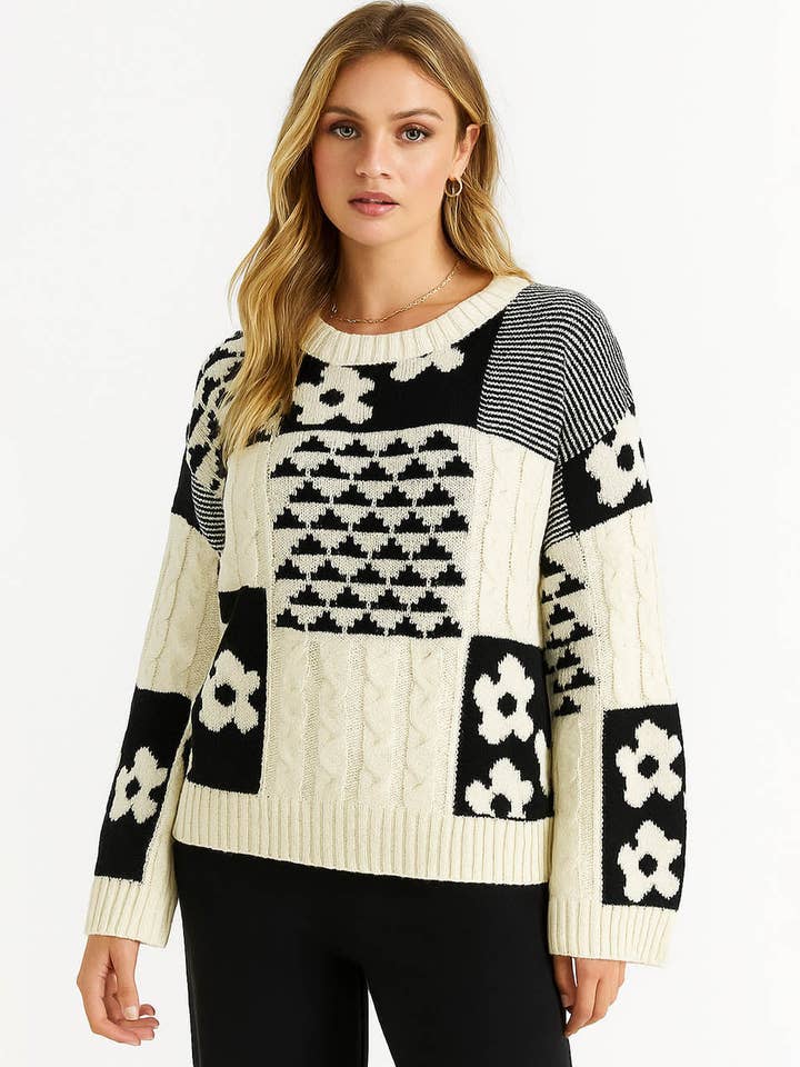 Black Ladies Floral Geometric Pattern Pullover Knit Sweater for wholesale on Faire3