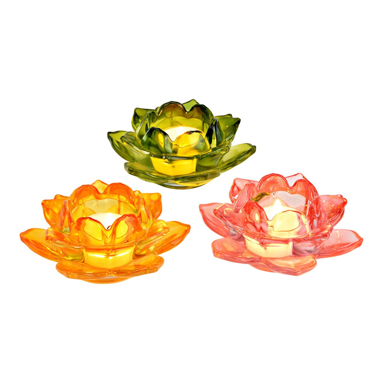 Wurm - Wholesale Candle Holder - Lotus tealight holder made of glass, set of 3, Green/Yellow/Pink (W/H/D) 12x5x12cm1