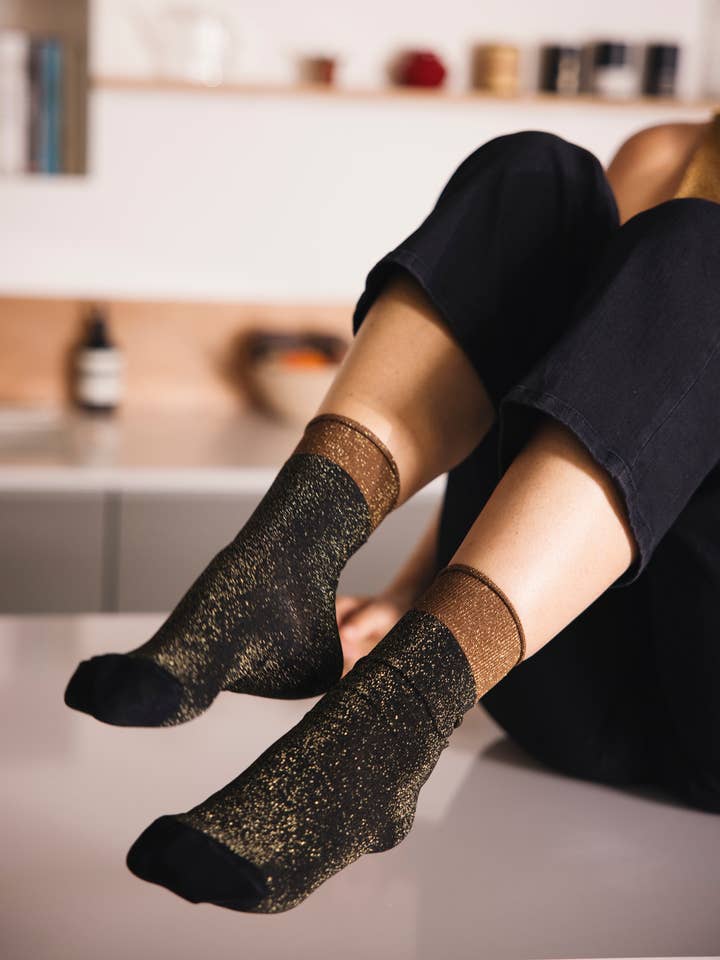 Atelier St Eustache - Wholesale Socks - Women's - BLACK & GOLD MADISON • Women's Glitter Party Socks1