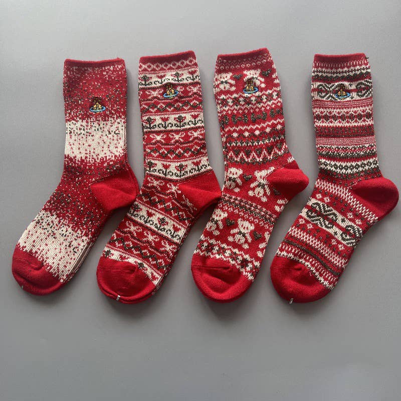 Tourtiwi - Wholesale Socks - Women's - Red Snowflake & Geometric Patterns Christmas Crew Socks36