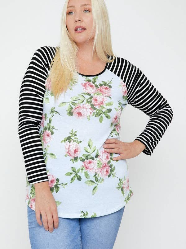 Floral Top Featuring Raglan Style Striped Sleeves And A Round Neck for wholesale by CC Wholesale Clothing
