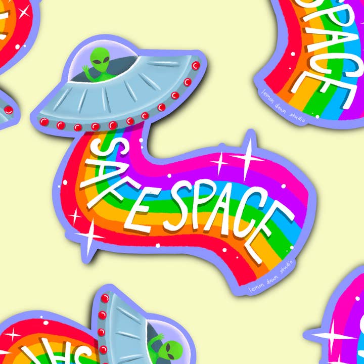 Safe Space Rainbow Alien Vinyl Sticker for wholesale by Lemon Dawn Studio