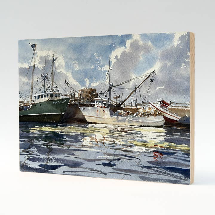 Schilderij „Vissersboten in Rockland Harbor” met houtsnede voor wholesale door Ina Xi Watercolor