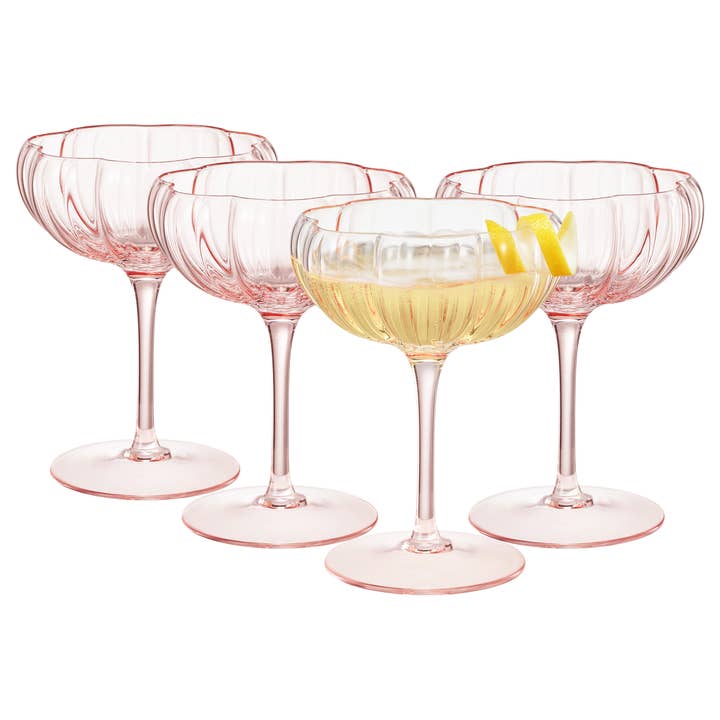 The Wine Savant / Khen Glassware - Wholesale Cocktail/Liquor Glass - Pink Flower Coupe Cocktail Colored Glasses | 4 Set, 7.7 OZ2