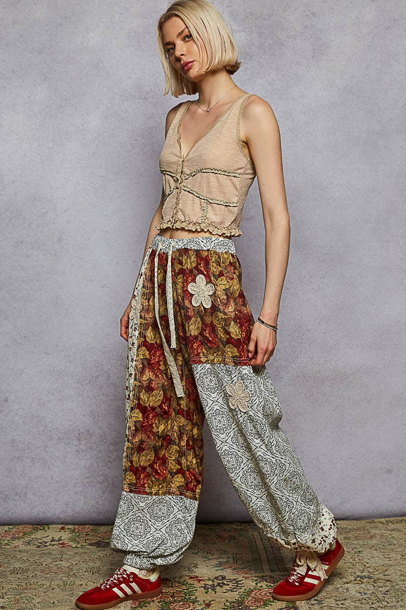 Pol Clothing - Wholesale Pants - Women's - Crochet patch detail contrast patchwork printed woven pants12