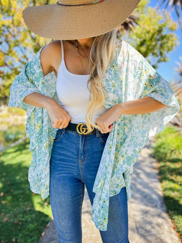 Sage Floral Printed Ruffle Sleeve Kimono Cover Up for wholesale on Faire