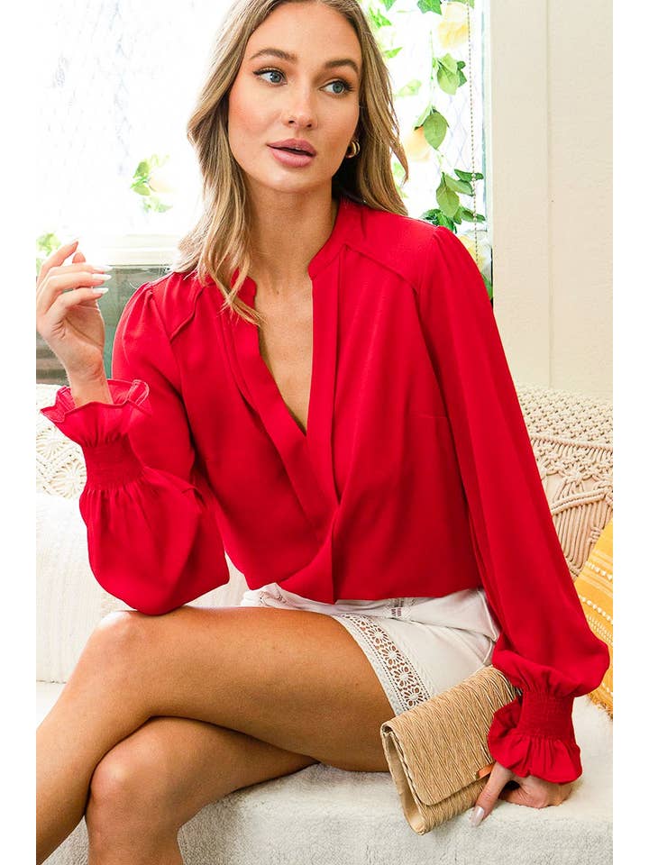 Vine & Love - Vente Chemisier – femme - Blouse smockée à encolure Henley et manches ballon VT31377D7