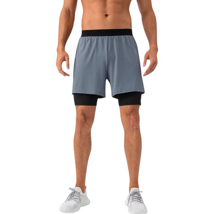 Active by Anna-Kaci - Wholesale Athletic Shorts - Men's - Men's 2-in-1 Training Shorts with Inner Compression Layer an17